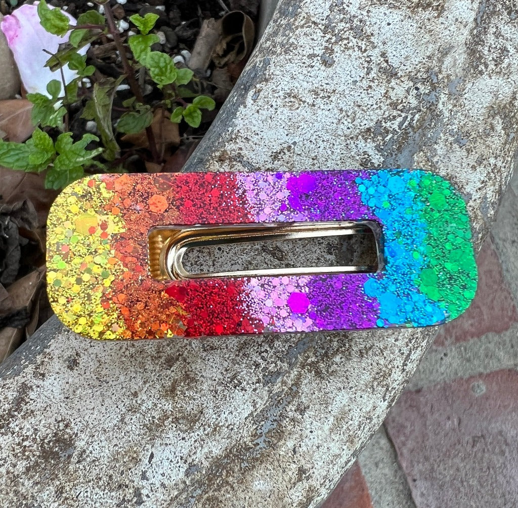 Rainbow glitter rectangle hair barrette