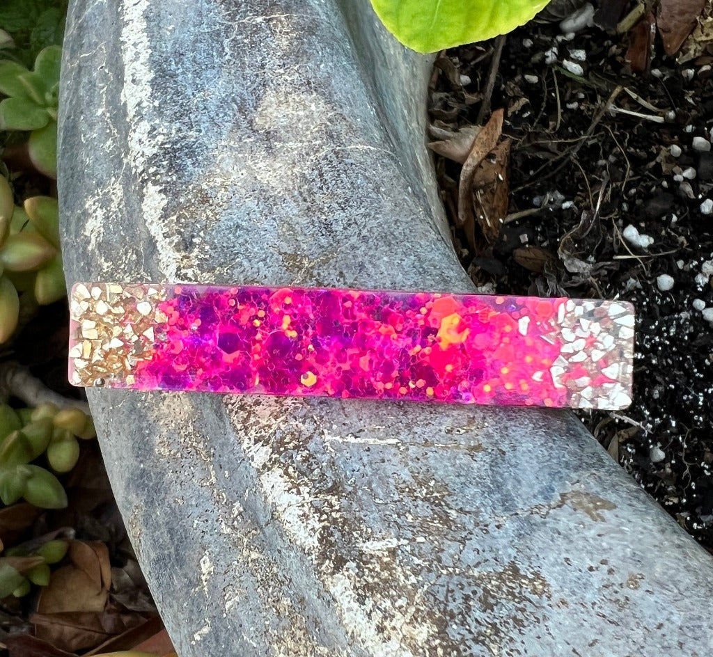 Hot pink with pyrite edges stripe glitter hair barrette