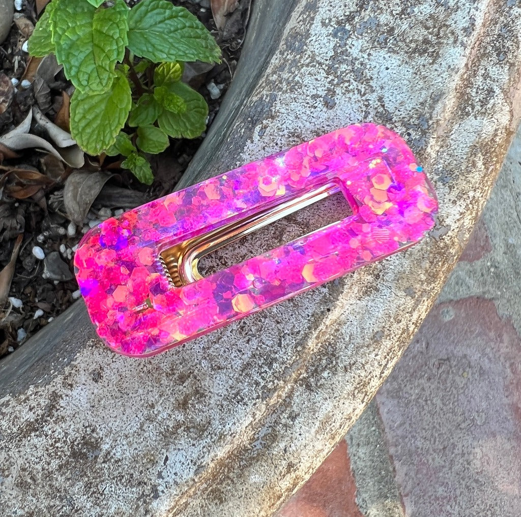Hot pink rectangle glitter hair barrette
