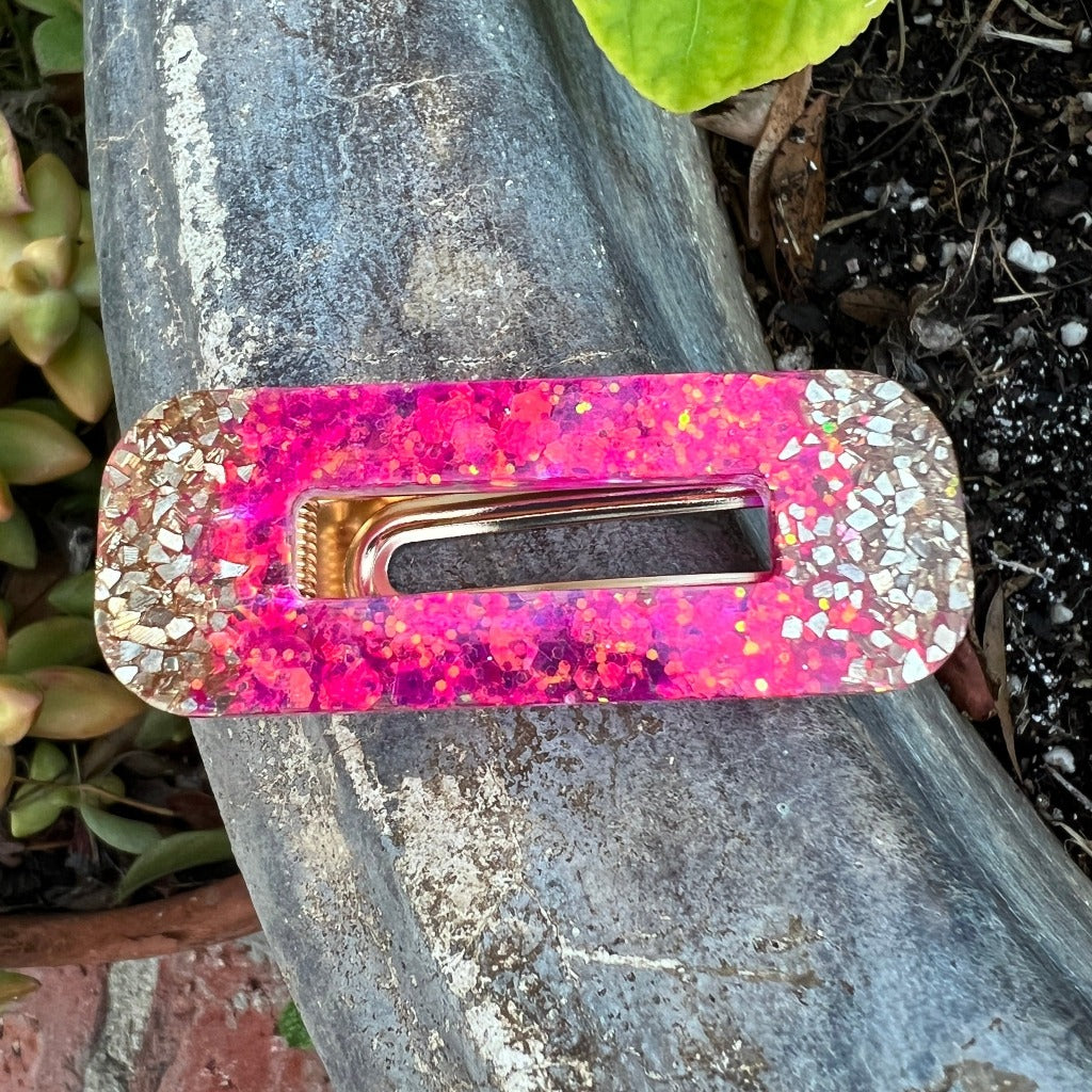Hot pink with pyrite edges rectangle glitter hair barrette
